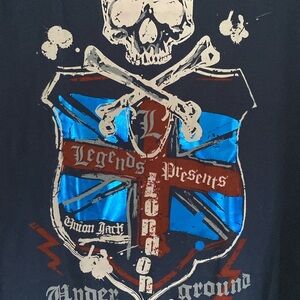 Motor City Legends Union Jack Skull Crossbones Blue Foil T-Shirt  S/S Sz SMALL